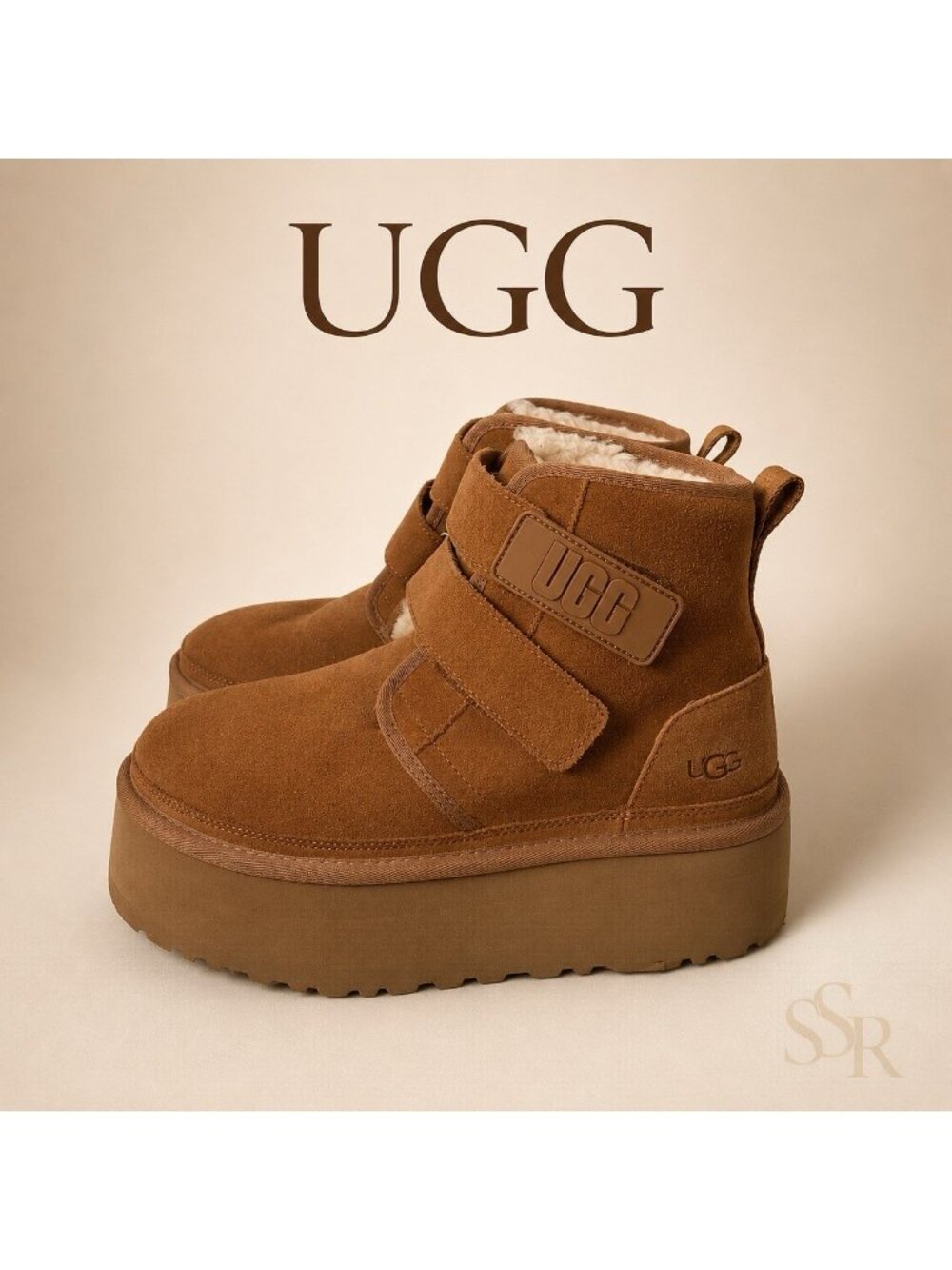 UGG Neumel Platform Chestnut Suede Shearling Ankle Boots Double Strap Women’s 8